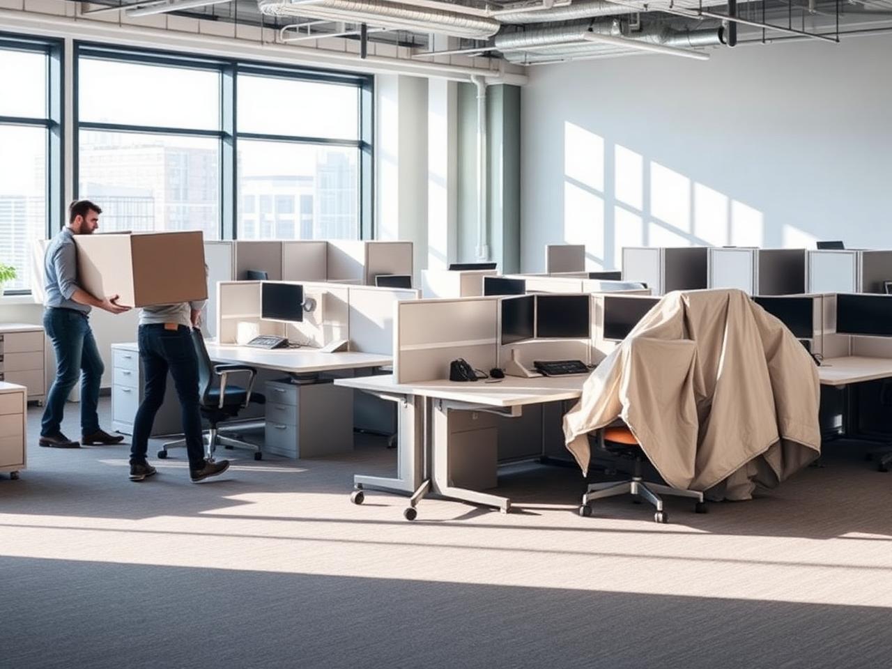 Commercial movers relocating office desks, chairs, and equipment in a Detroit office space