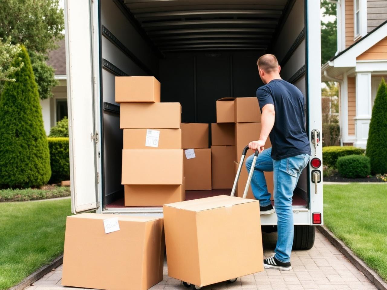 Efficient Moving crew member loading moving boxes into a truck in a Detroit driveway